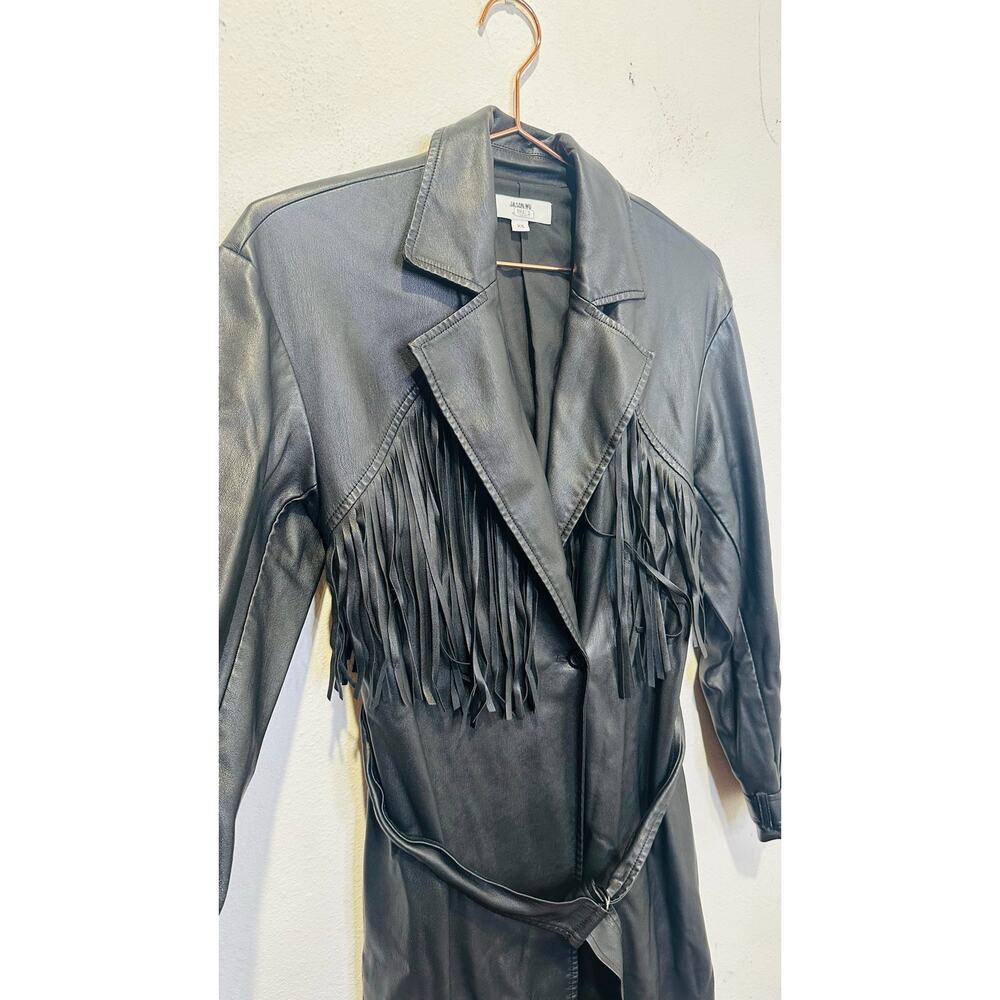 JASON WU Black Faux Leather Long Fringe Trench Style Tie Waist Jacket size XS - Picture 9 of 16